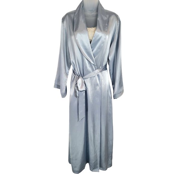 HALSTON baby blue shimmery shiny satin Belted Dressing Gown Robe Size Large - Picture 1 of 13